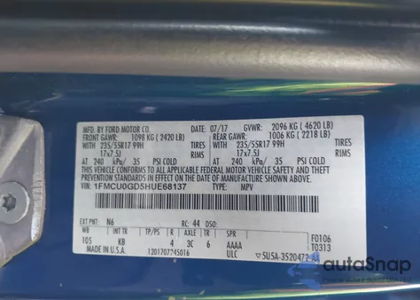 2017 Ford Escape Se from USA, damaged, VIN 1FMCU0GD5HUE68137